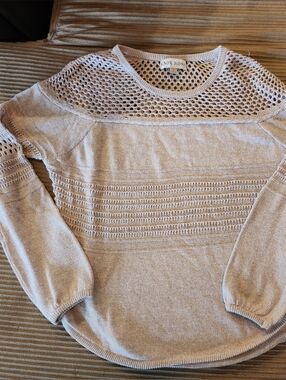 Knox Rose Open-Knit Crewneck Sweater in Light Beige